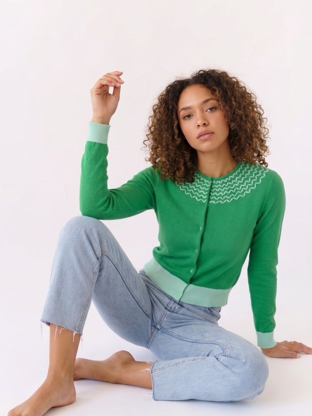 Green Cotton Cardigan With Lining and Fun Zigzag Knit Collar, Medium